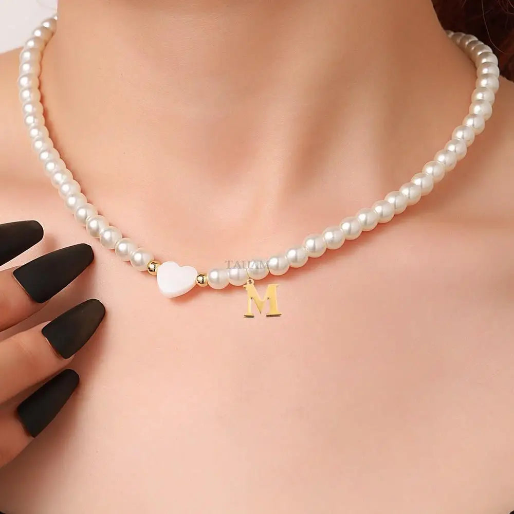 New Trendy Stainless Steel 26 Letter Shell Heart Imitation Pearls Necklace Women Handmade 6mm Stone Beaded Choker Jewelry Gift