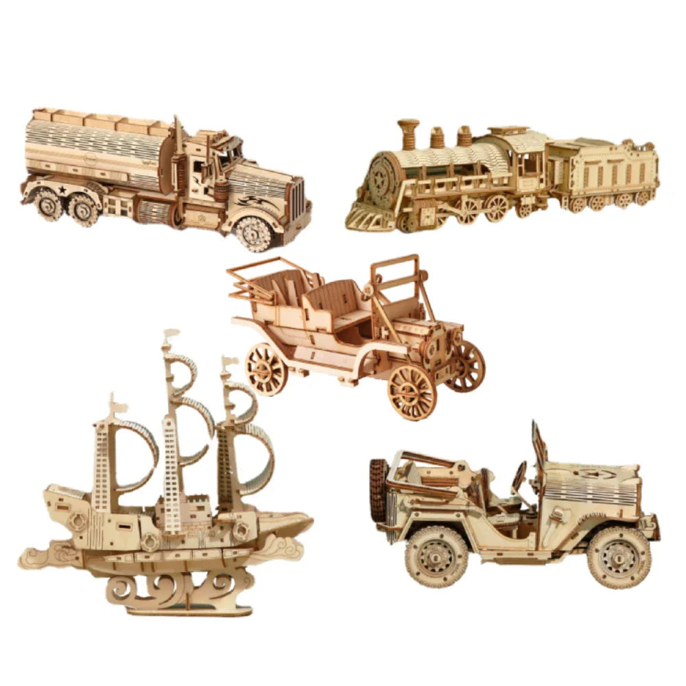 DIY Wooden Train Locomotive Puzzles Toys 3D Children Mechanical Assembling Educational Kids Ship Cars Trucks Model  Boys Gift