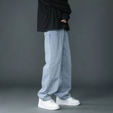 New Korean Fashion Men's Casual Long Jeans Classic Man Straight Denim Wide-leg Pants Solid Color Light Blue Black 3XL