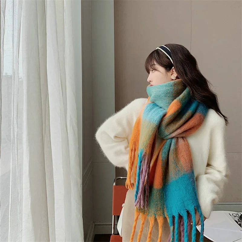 Winter Women Plaid Scarf Winter AC Pamanhmina Shawls Cashmere Thick Wraps Lady Tassel Warm Scarves Rainbow Hairy Bufanda Man