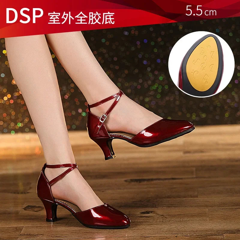 Women Glitter Leather Latin Dance Shoes Closed Toe Soft Sole Salsa Modern Shoe Tango Ballroom Dancing Shoes 3.5cm/5.5cm  Heel