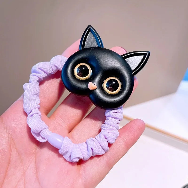 Cartoon Black White Cat Charms Hair Ties Kids Girls Cute Elastic Ponytail Holder Rubber Band Women Hairband Summer Headwear