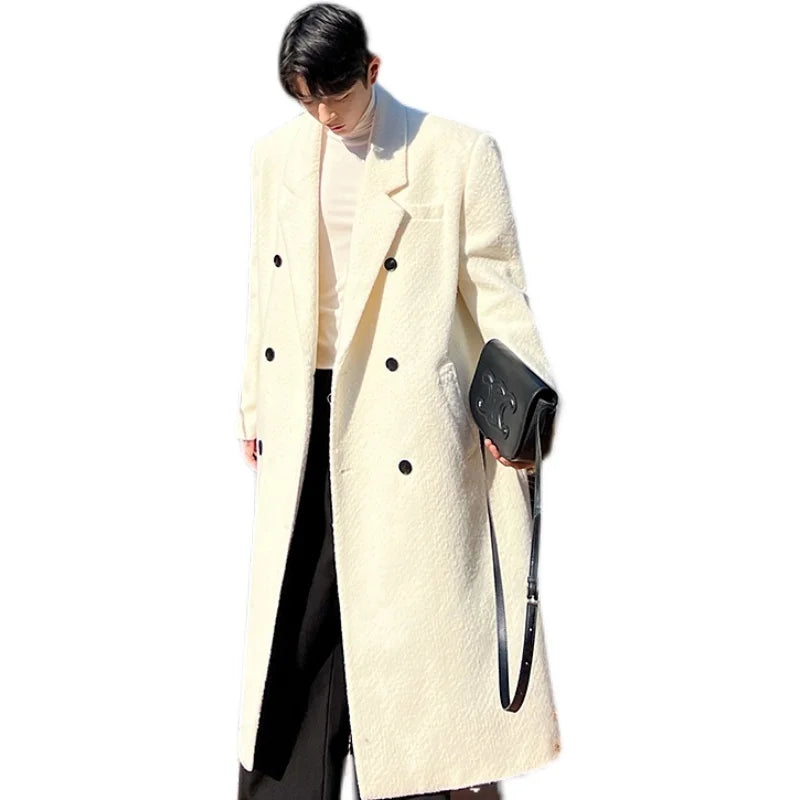 IEFB Men Woolen Coat Autumn Winter Korean Fashion Versatile Thickened Double Breasted 2023 Solid Color Male Trench Overknee