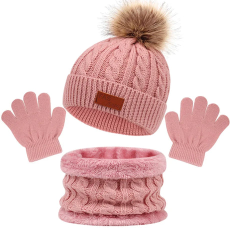 3PCS Set Cute Wool Pompom Baby Hat Scarf Glove Children Cap Warm Autumn Winter Hats For Kids Boys Girls Knitted Beanie Caps Hot