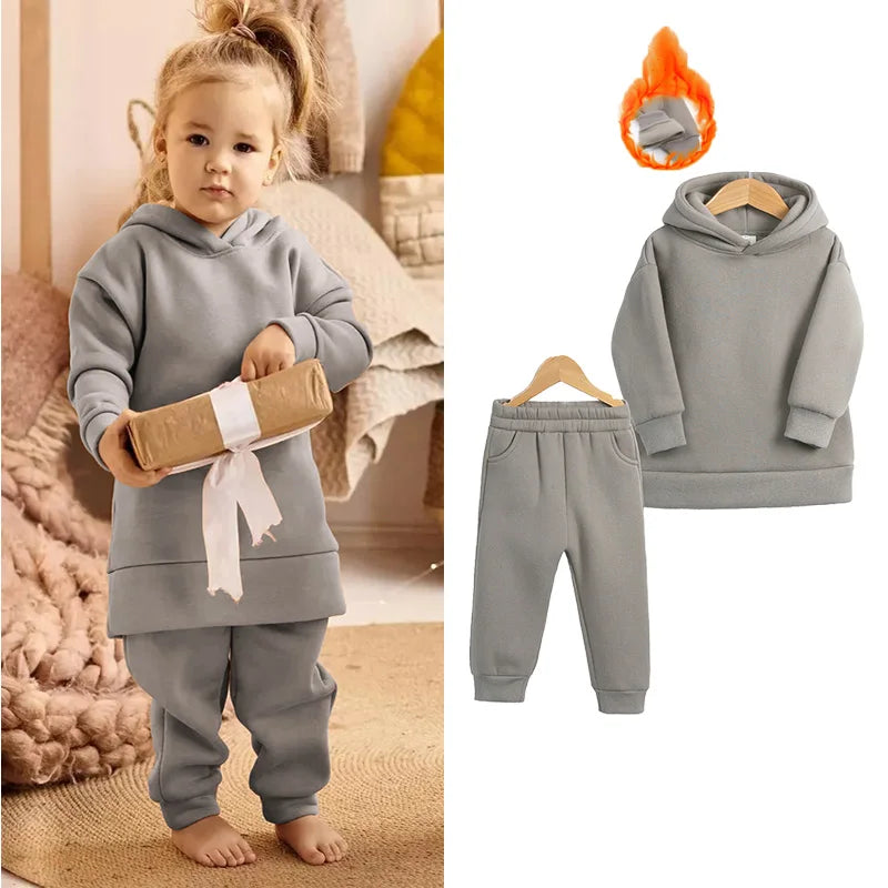 2023 New Arrivals Little Girls Clothing Tracksuit 2 Pieces Set Warm Fleece Plain Top Sweatshirt+Pants Loungewear Suit For Kids