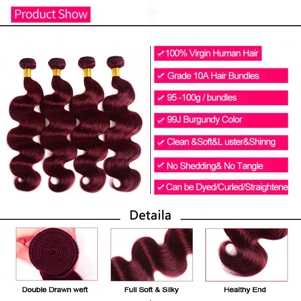 Luduna Burgundy 99j Body Wave Bundles Brazilian Red Color Human Hair Bundles 1/3/4 PCS Bundle Deals Hair Extensions Remy Weaving