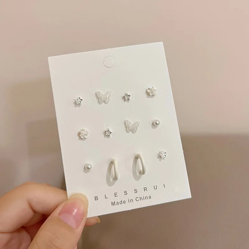 12Pcs 925 Silver Needle Stud Earrings for Women Girls Butterfly Pearl Wave Dots Sweet Simple Colorful Accessories Jewelry Gift