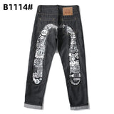 Printed trendy brand personality jeans for men and women casual slim straight tube national trend washed loose all-match pants