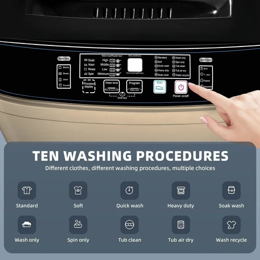 15.6lbs Full-Automatic Washing Machine, Portable Compact Laundry Washer with Drain Pump, 10 Programs 8 Water Levels , Dark-Gold