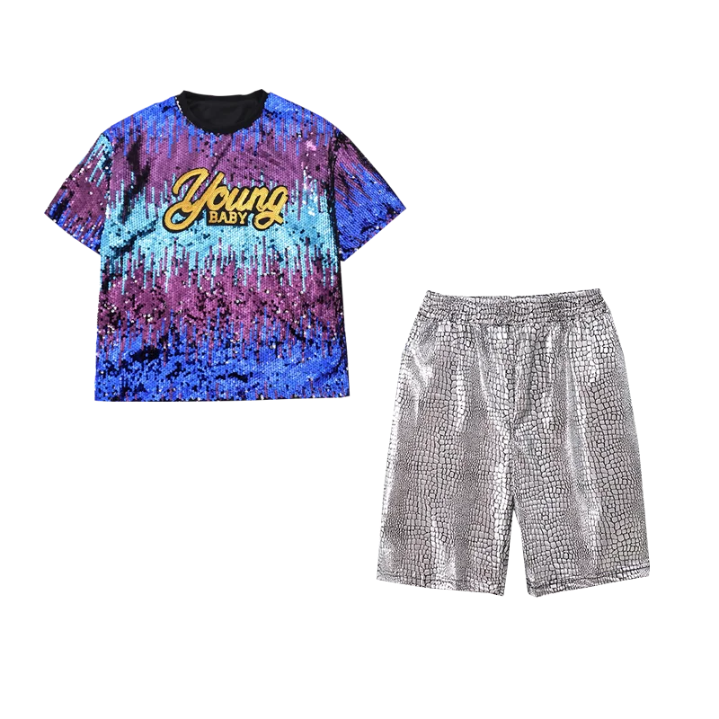 Kids Hip Hop Clothing Sequined T Shirt Loose Silver Shorts Pants for Girls Boys Street Jazz Dance Costumes Performance Outfits