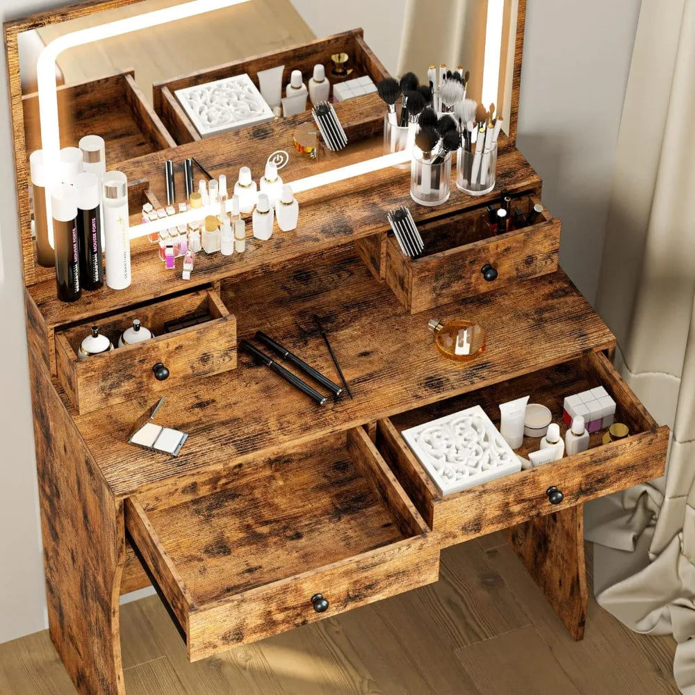 Vanity Desk with Drawers & LED Lighted Mirror & Power Outlet & Cabinet, Storage Stool, Stylish Bedroom Makeup Table Set,