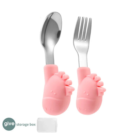 Supplementary Food Spoon With Storage Box Non-slip Comfortable Grip Cartoon Cute Baby Cares Stainless Steel Fork Spoon 5 Colors