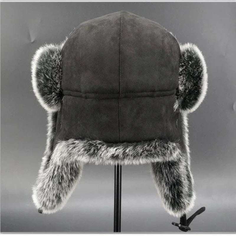 Winter Russian Man & Woman Wholeskin Natural Rex Rabbit Fur Hats Luxury Real Sheep Skin Leather Cap Unisex Real Fur Bomber Hat