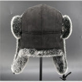 Winter Russian Man & Woman Wholeskin Natural Rex Rabbit Fur Hats Luxury Real Sheep Skin Leather Cap Unisex Real Fur Bomber Hat