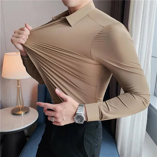 Plus Size 4XL-M High Elasticity Seamless Shirts Men Long Sleeve Top Quality Slim Casual Luxury Shirt Social Formal Dress Shirts