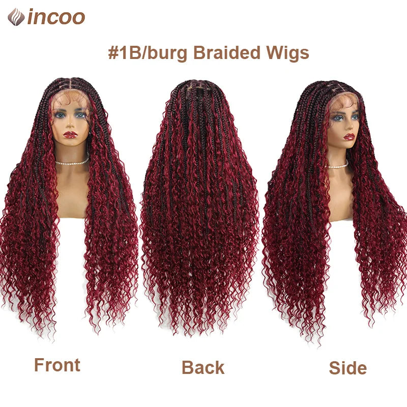 Boho Box Braid Wigs 613 Blonde 32 Inch Synthetic Full Lace Front Braided Wigs Knotless Cornrow Braids Curly Lace Wigs For Women