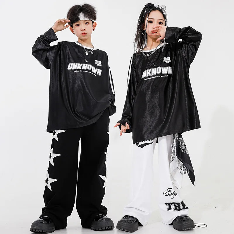 New Teenagers Kids Hip Hop Dance Costume Long Sleeve Tops Baggy Pants Boys Street Dance Wear Girls Jazz K-pop Performance Suit