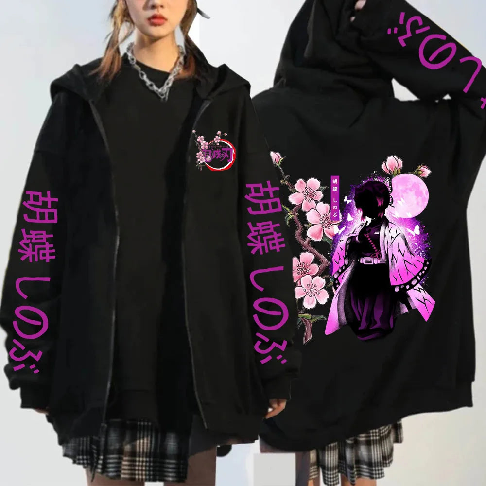 Kochou Shinobu Women Zip Hoodies Winter Autumn Casual Zipper Jacket Harajuku Demon Slayer Plus Size Sweatshirt Female Pullover