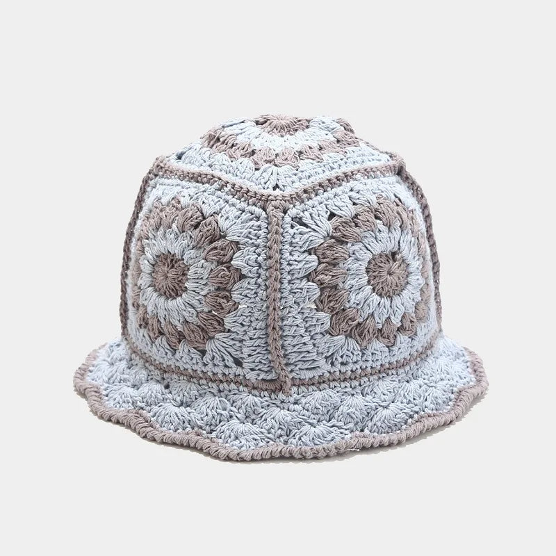 Korean Hand knit Crochet Bucket Hats Spring Summer Soft Straw Sun Hat Women Bucket Hats Plaid Designer Bob Fisherman Cap