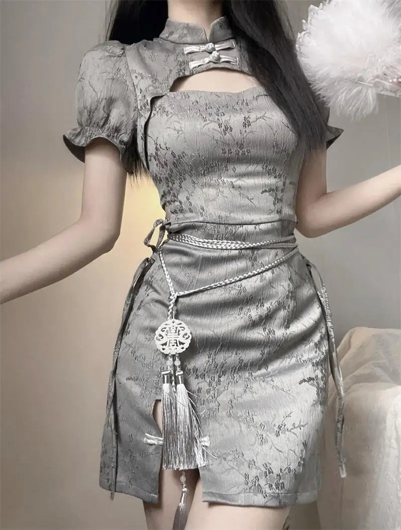 2022 New Hollow Out Qipao Improved Chinese Dress Women Sexy Split Cheongsams Mandarin Collar Summer Wear Print Floral Vestidos