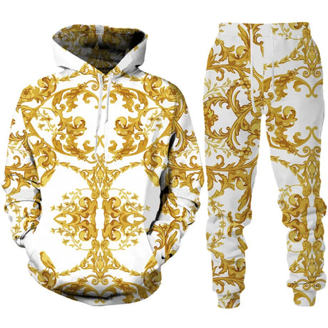 Spring Autumn  Golden Floral 3D Printed Hoodie/Tracksuit Casual Sweatshirt and Trousers Set Fashion Men Women Sports Suit