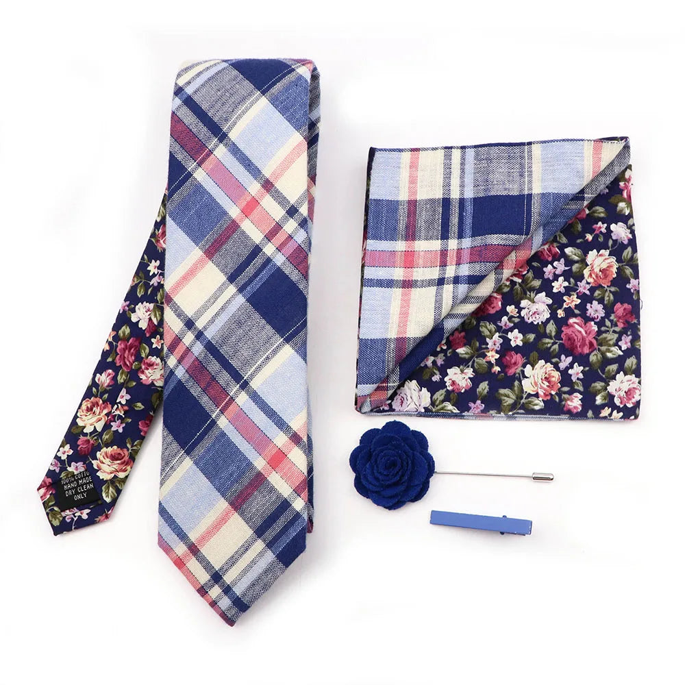 Two Side Floral Plaid Cotton Patchwork Tie Set Brooch Pin Clip Hankie Cufflink Ties Men Party Daily Shirt Cravat Gift Accessory