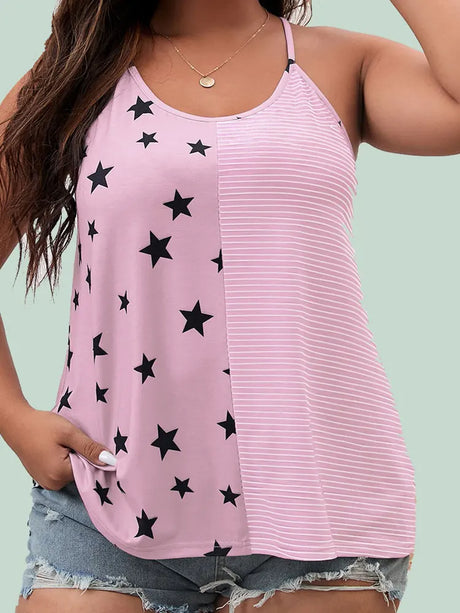 Women's Casual Print Lines Polyester Tank Top Elegant and Youth Star Patchwork Cheap Clothing Plus Size Summer Free Shipping