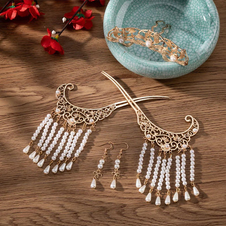 Chinese Hanfu Hair Accessories Set Long Fringed Vintage Hairpins Flower Handmade Hair Sticks For Women Traditional Retro Jewelry