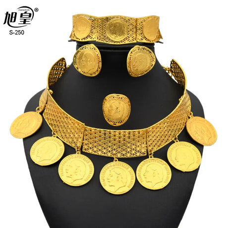 African 24K Gold Color Coins Necklace Bracelet Sets For Women Dubai Luxury Choker Designed For Women Wedding Party Jewelry Gift