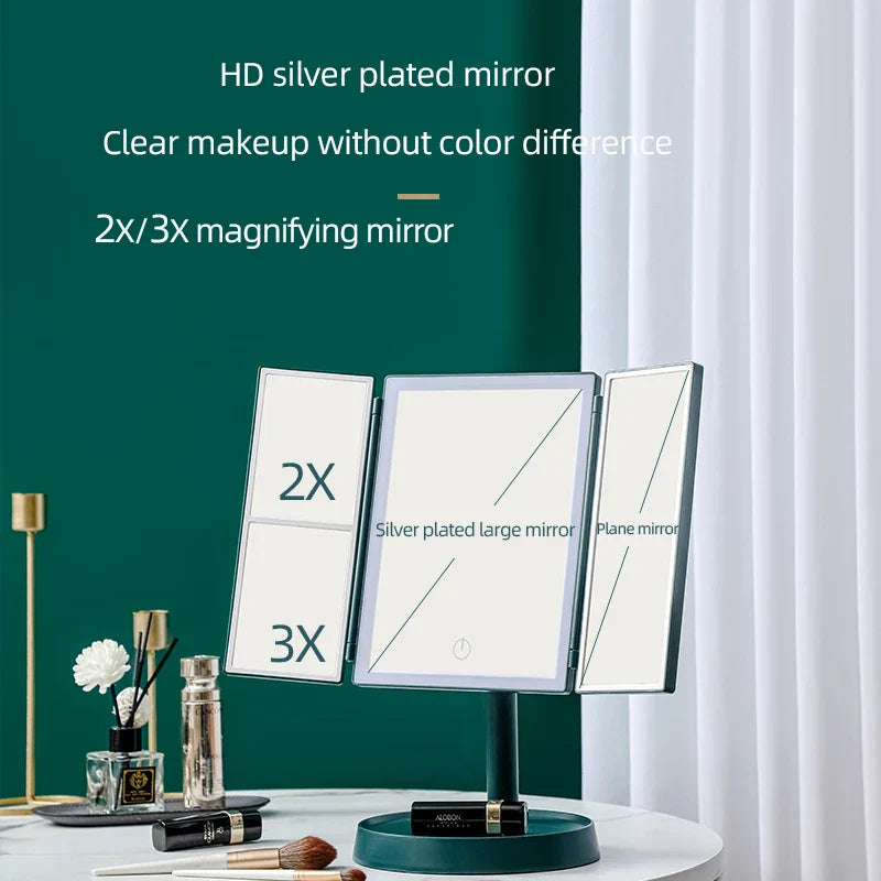 Foldable Makeup Mirror with LED Light 3 Tone Lights Desktop Vanity Mirror 2X/3X Magnifying 360° Adjustable Rechargeable