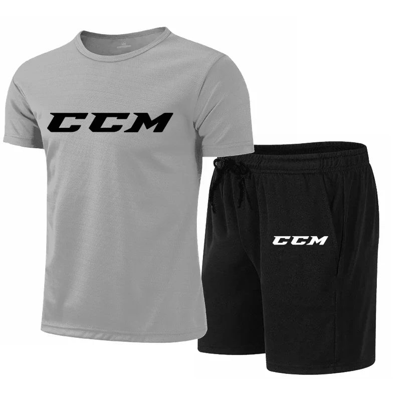 Summer Men's Fitness Fashion Men's Casual Sportswear Suit Quick Drying Sports Suit CCM Short Sleeve T-Shirt + Shorts 2 Piece Set