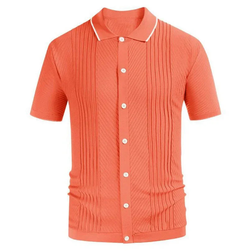 2024 Men's Summer Short Sleeve Polo Shirts Knitted Lapel Cardigan Top Stripe Stitching Men Polo Tee Shirt Fashion Camisa Hombre