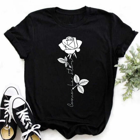 Plus Size Maycaur New Fashion Gold Rose Print Women T Shirt Harajuku Short Sleeves Tshirts Casual O-neck Top Tee Black T-shirt