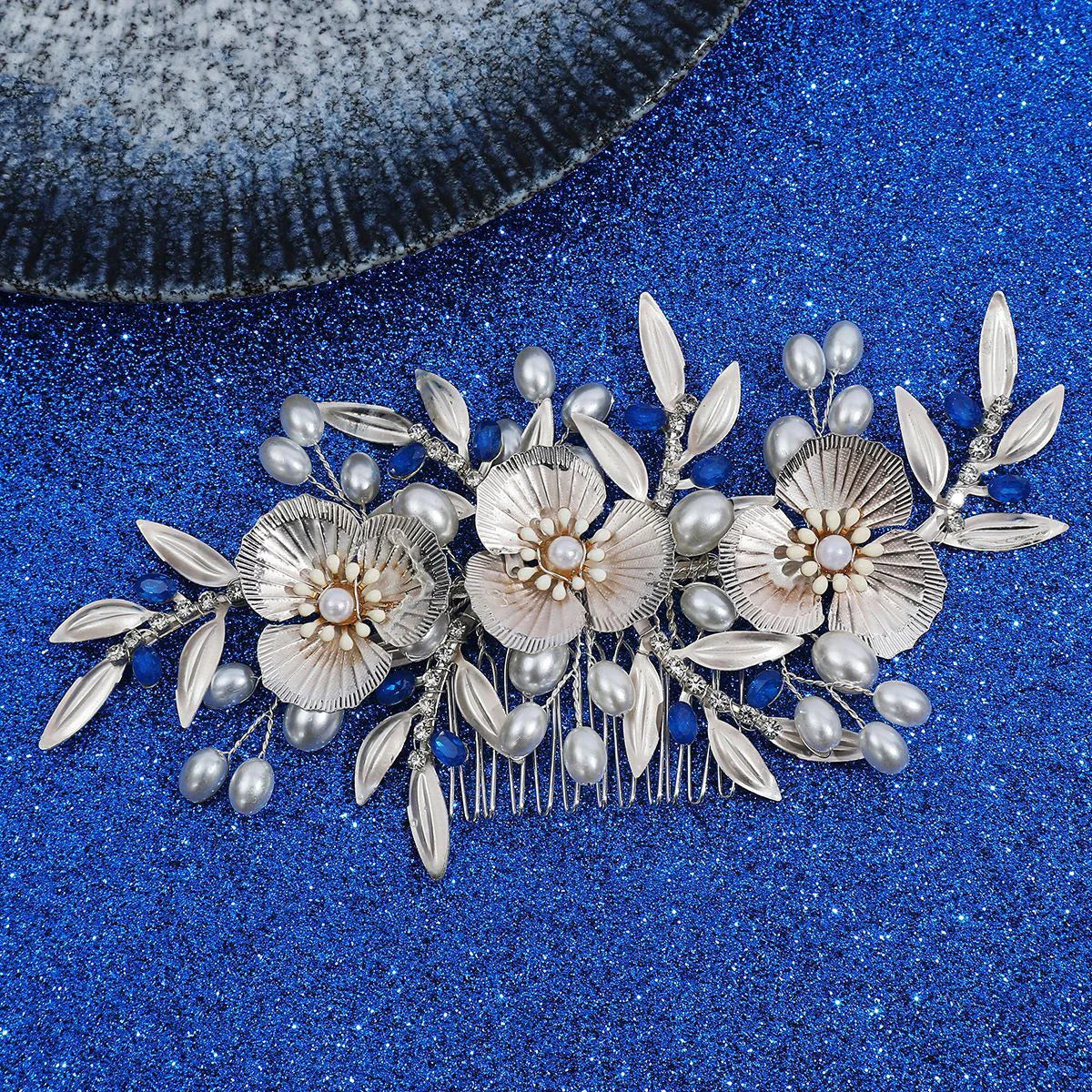 Flower Hair Comb Clip Pin Silver Color Head Piece For Brides Women Rhinestones Pearl Hairpin Wedding Accessories Bridal Jewelry