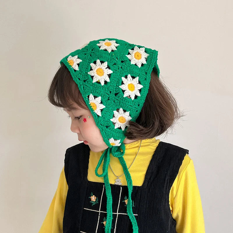 Handmade Crocheted Headscarves for Girls Sunflower Knitted Headband with Triangular Scarf Cute Children's Headbands