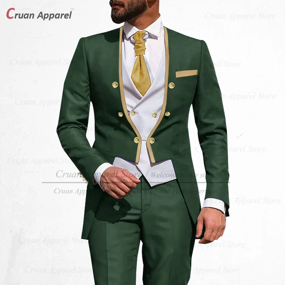 Latest Royal Blue Suit Men 3Pcs Slim Fit Wedding Best Man Groom Tuxedo Double Breasted Gold Trim Jacket Vest Pants Set Tailcoat