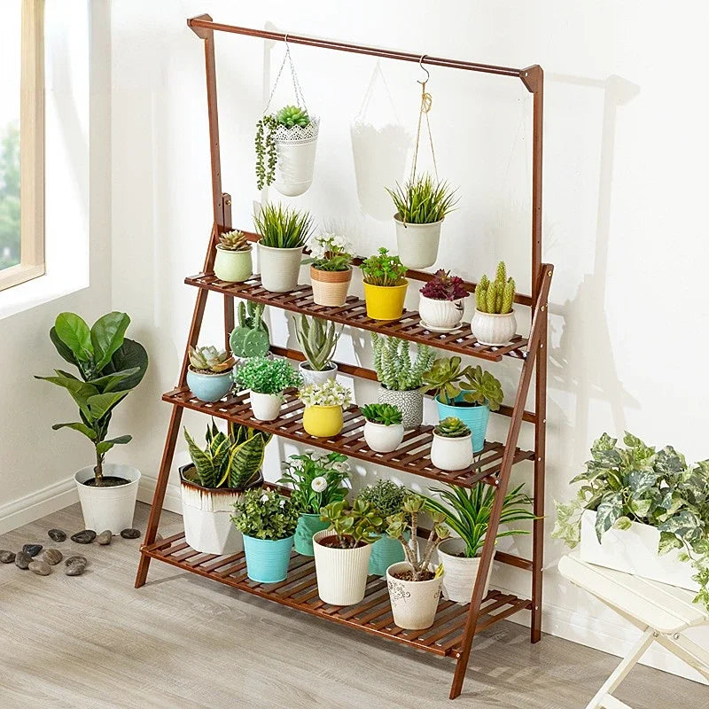 Plant Stand Storage Shelf 3-Tier Hanging Stand for Flowers Folding Organizer Display Storage Rack Adjustable Hanger Rod Bamboo