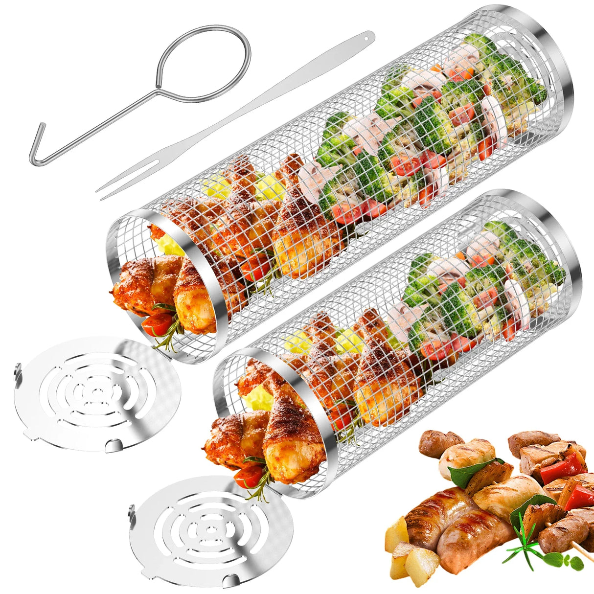 Stainless Steel BBQ Grill Basket Set Cylinder Barbecue Grate Camping Picnic Cookware for Grilling Vegetables Meat Fish Seafood