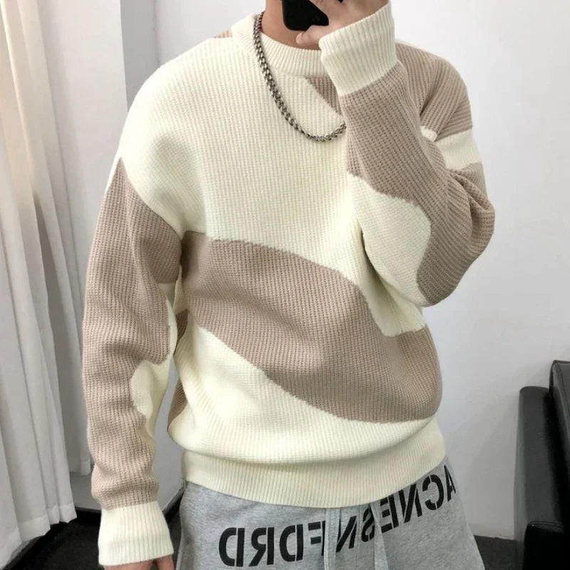 Knitted Sweaters for Men Black Spliced Pullovers Man Clothes No Hoodie Crewneck Round Collar A Over Fit Knit Spring Autumn Warm