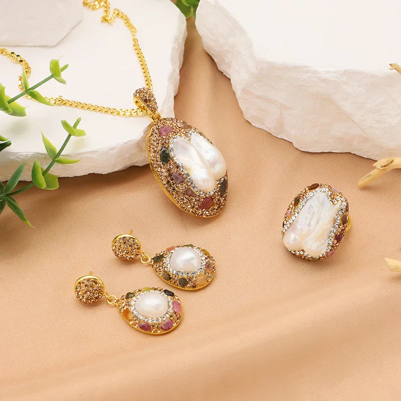 GLSEEVO Natural Baroque Shaped Pearl Women Jewelry Necklace Bracelet Earring Ring Set Rhinestone Inlaid Luxury Dress Jewelry