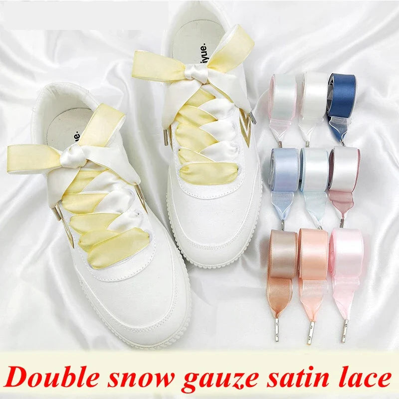 1 Pair Silk Shoe Laces Satin Ribbon Flat Shoelaces Girls Casual Canvas Shoes Double-sided Weaving White Shoe Lace Accessories