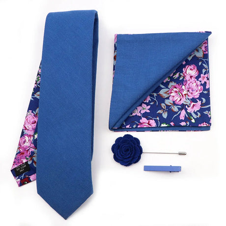 Two Side Floral Plaid Cotton Patchwork Tie Set Brooch Pin Clip Hankie Cufflink Ties Men Party Daily Shirt Cravat Gift Accessory