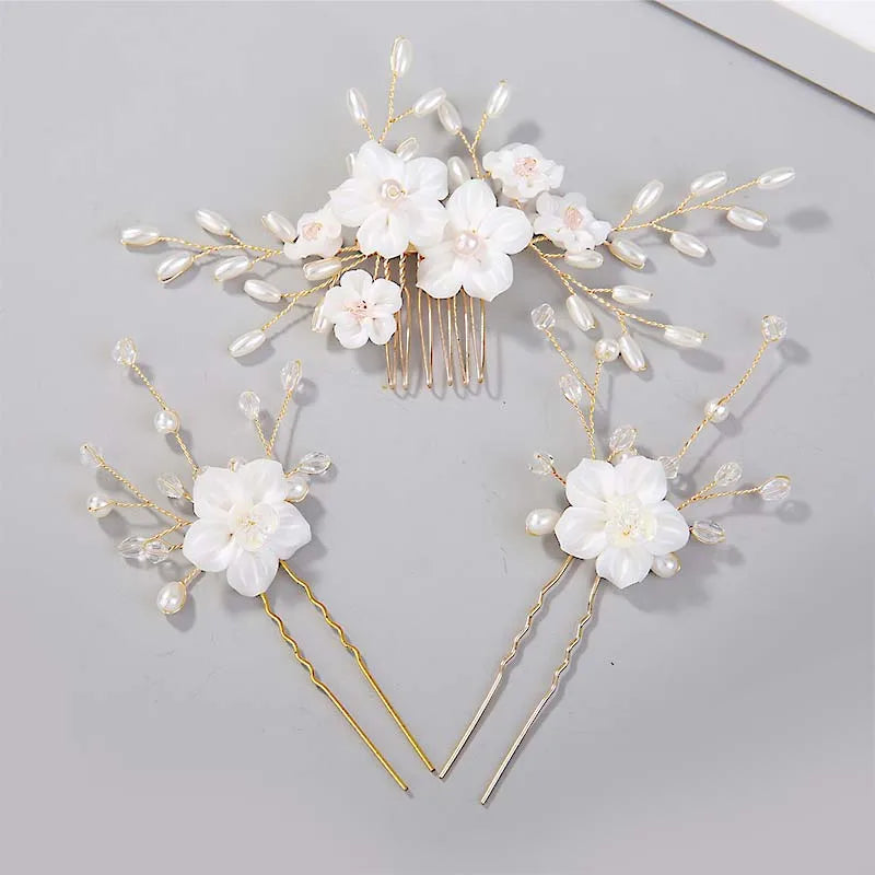 3pcs White Flower U Shaped Hairpin Pearl Elegant Hair Clips Hair Jewelry Accessories For Women Wedding Head Ornaments Hairpins