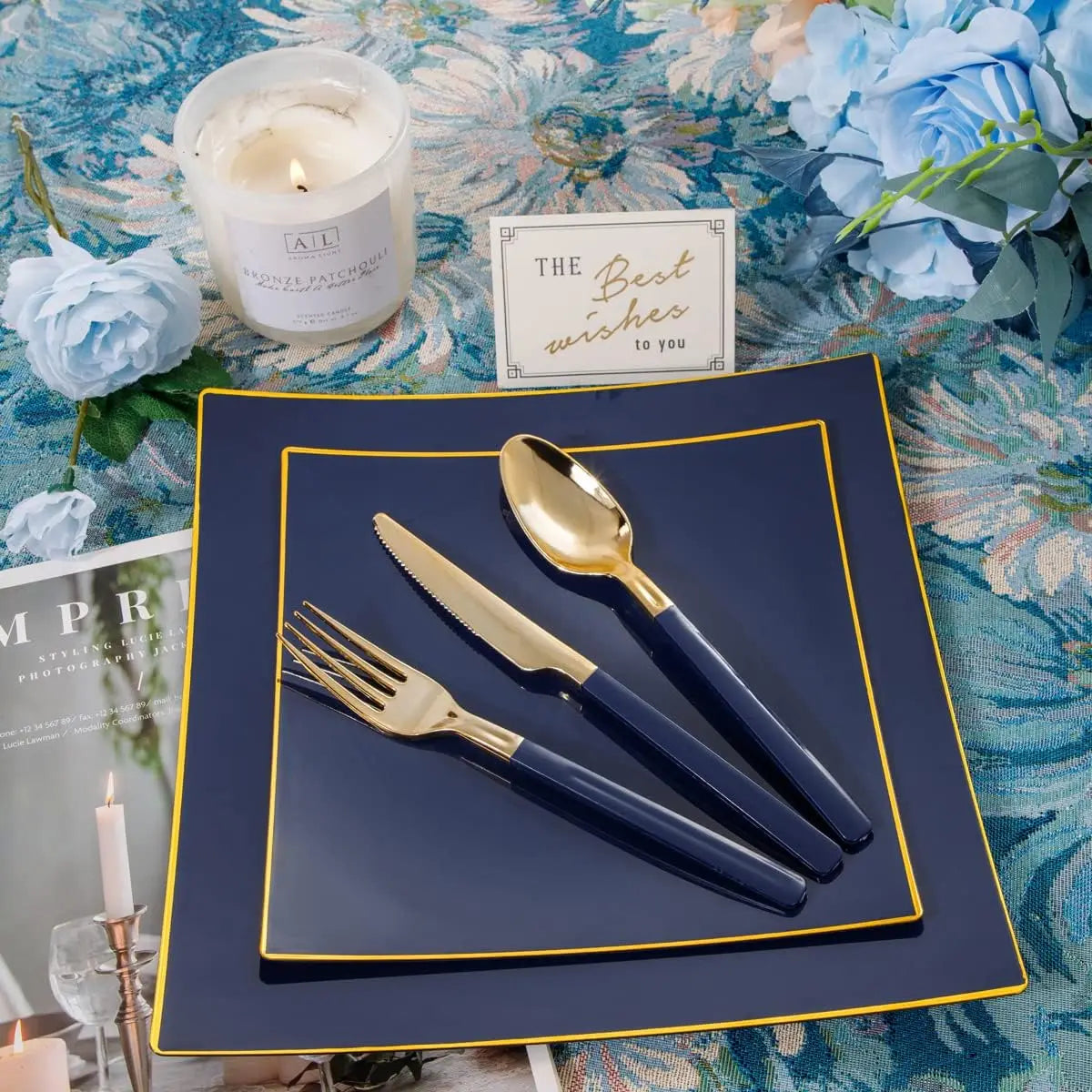 Nervure 140 PCS Blue Dinnerware Sets Disposable Square Plastic Plates Include 20 Dinner Plates 20 Dessert Plates 20 Knives