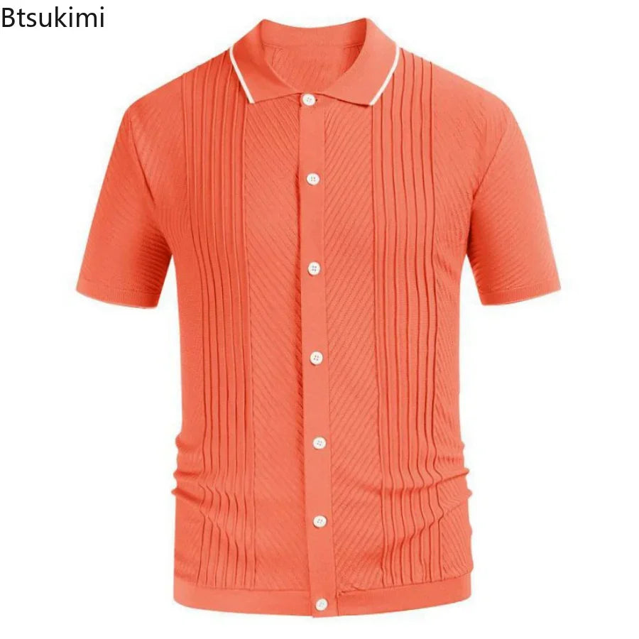 2024 Men's Summer Short Sleeve Polo Shirts Knitted Lapel Cardigan Top Stripe Stitching Men Polo Tee Shirt Fashion Camisa Hombre