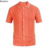 2024 Men's Summer Short Sleeve Polo Shirts Knitted Lapel Cardigan Top Stripe Stitching Men Polo Tee Shirt Fashion Camisa Hombre