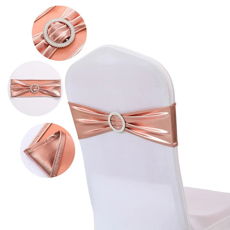 10pcs/50pcs Metallic Gold Silver Stretch Spandex Chair Bow Sash Band With Round Buckle For Banquet Event Wedding Chair Sash Tie