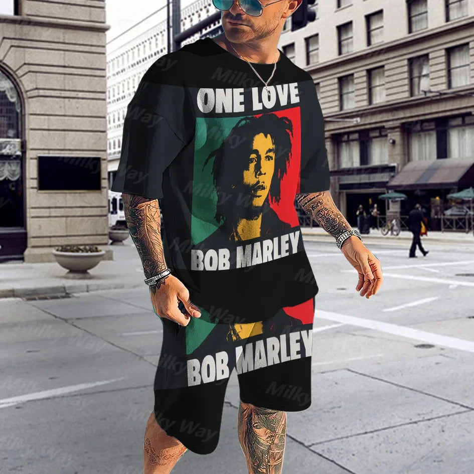 Summer Men's Tracksuit Bob Marley Reggae Music T-Shirt Shorts Set Casual Suit Fashion Outfit Male Oversized Streetwear One Love