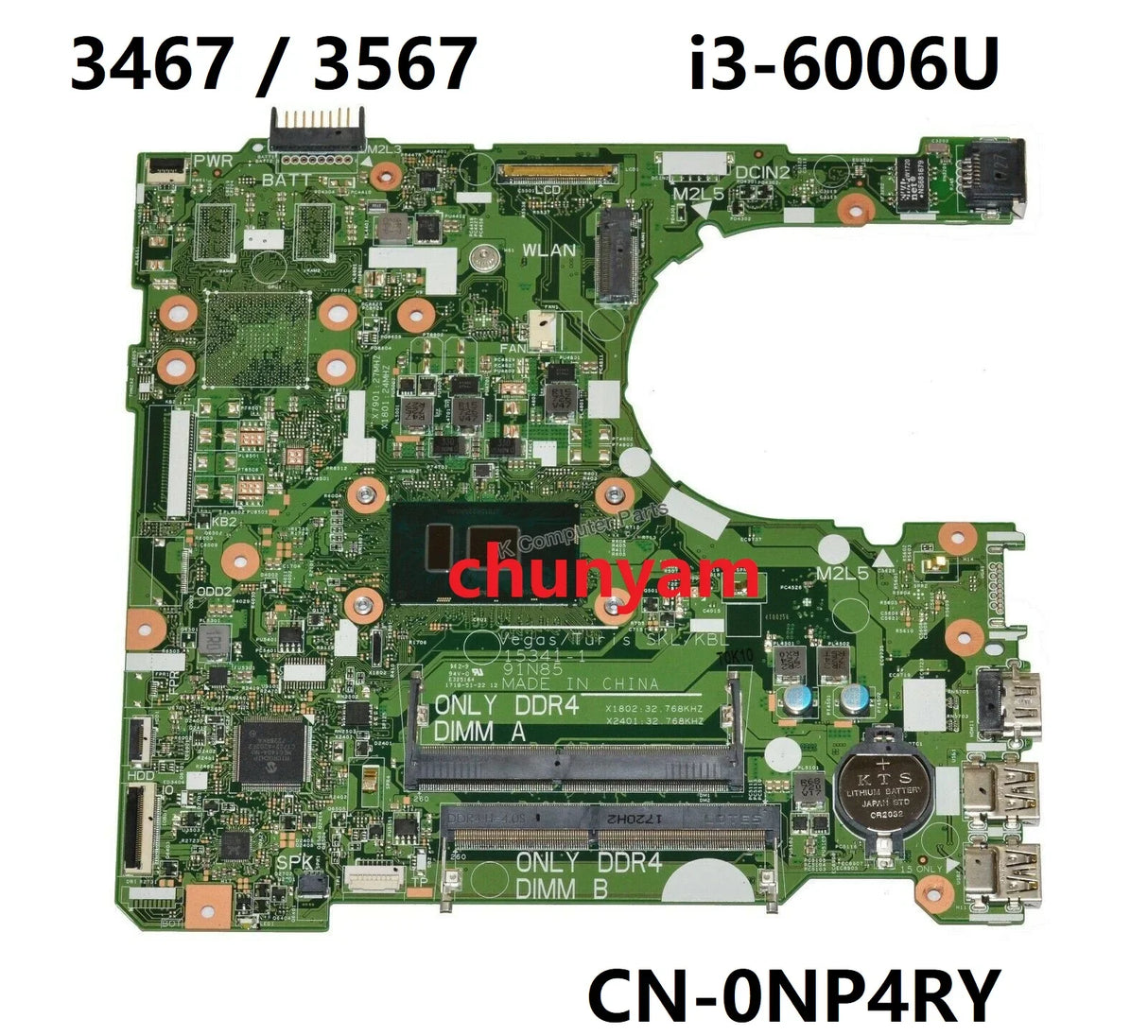 15341-1 For Dell Inspiron 14 3467 15 3567 LAPTOP Motherboard RY2Y1 Y7J61 NP4RY 7H458 Mainboard 3865U i3 i5 i7 CPU CY