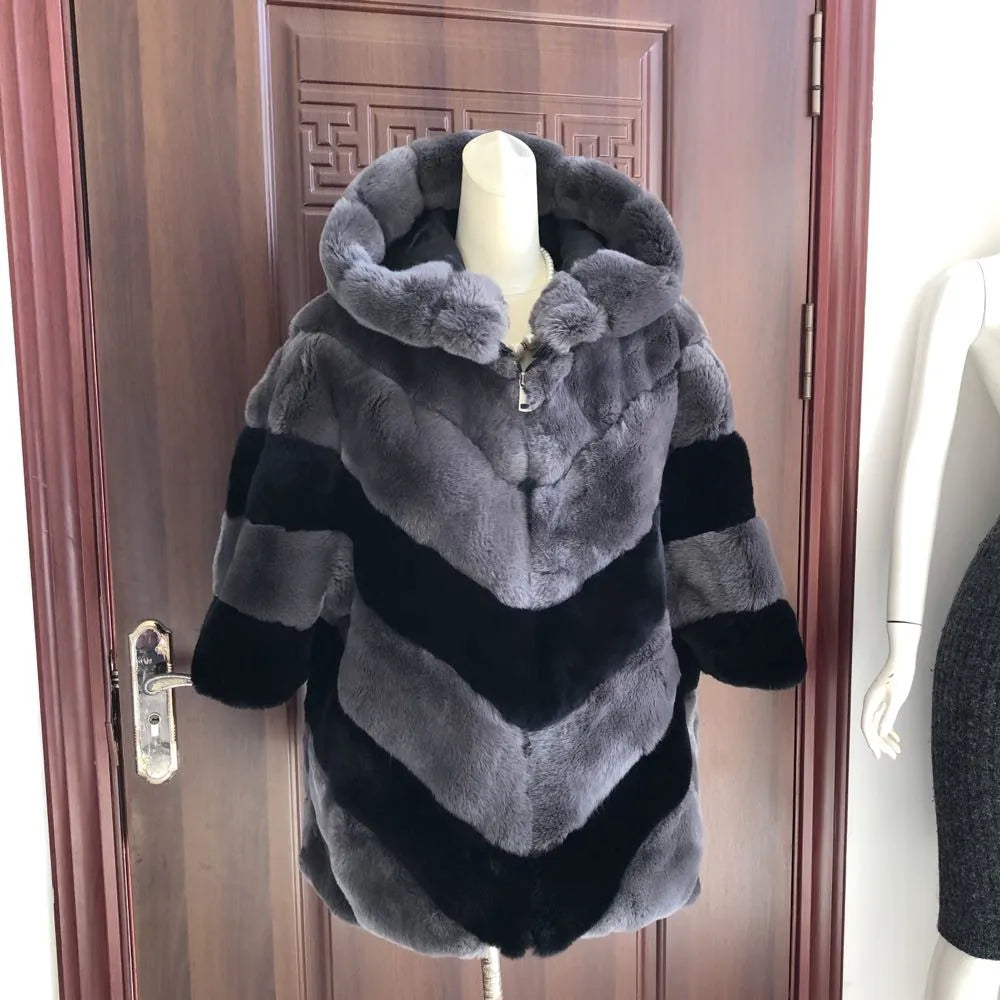 rabbit fur coat rabbit fur jacket Stand collar imported rex rabbit coat stripes rex rabbit fur coat high quality natural fur